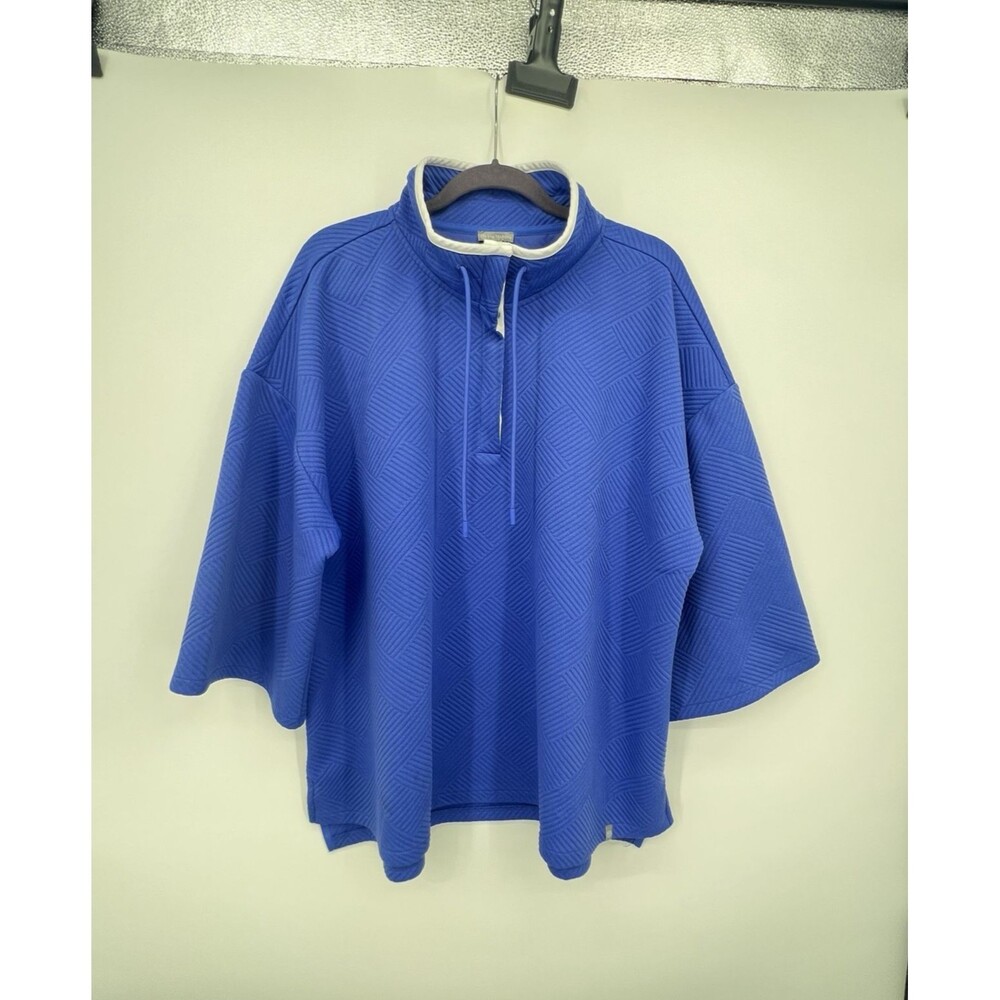 T by Talbots Mixed Quilt Button Neck Pullover Top Sz 3X Blue 3/4 sleeves Casual